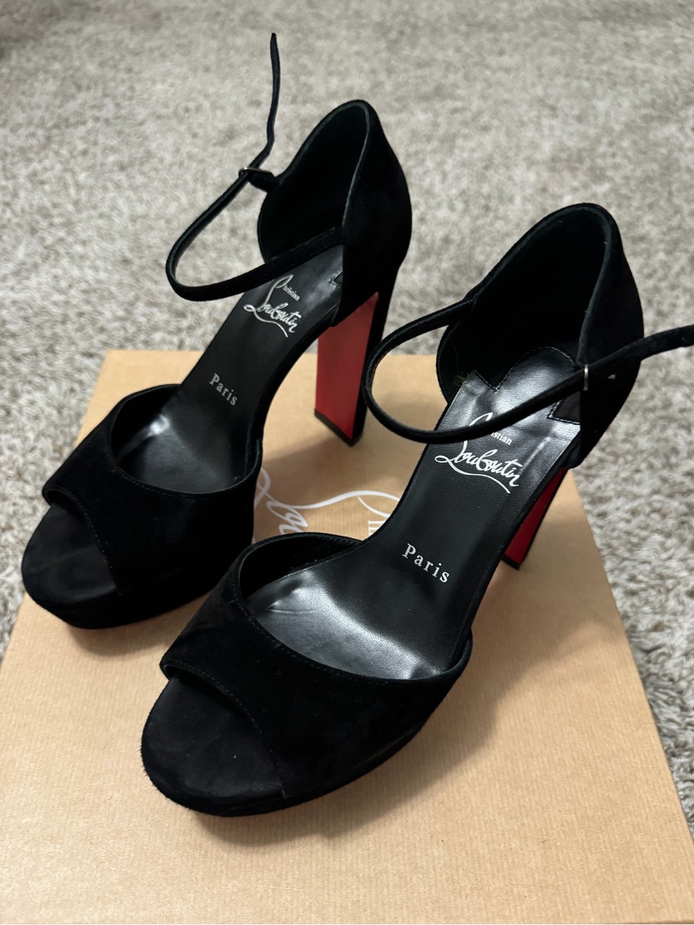 Christian Louboutin Black Suede Ankle-Strap Platform Heels with Red Sole